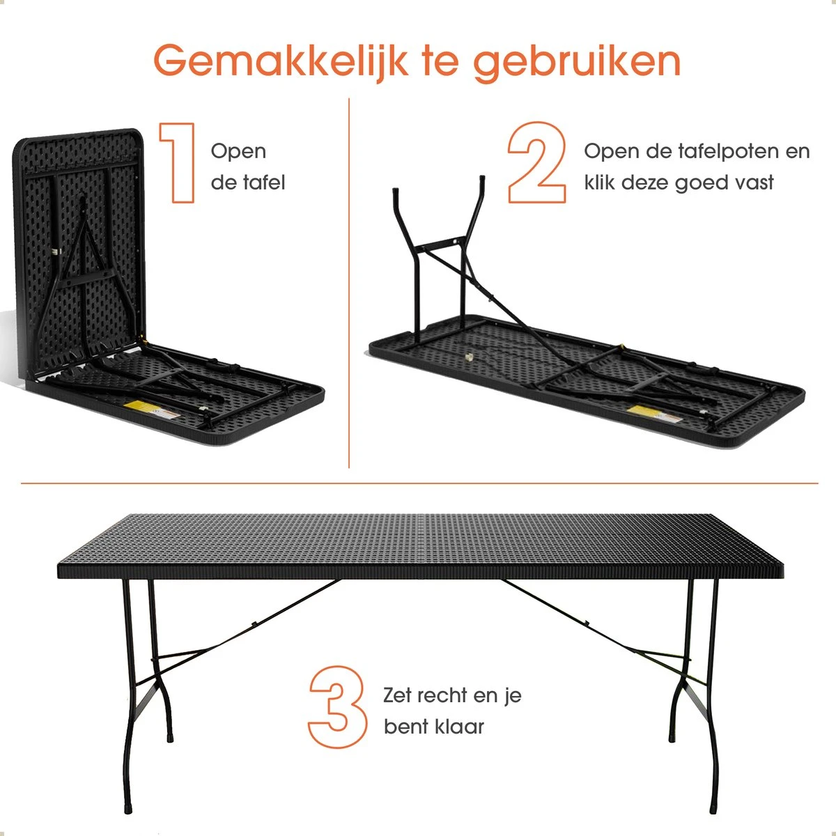 Lenx Klaptafel - Inklapbare Tafel - Opvouwbare Tuintafel - Vouwtafel - Inclusief Handvat En 2 Tafelkleden - 180x75x74cm - 6 Tot 8 Personen - Afbeelding 6