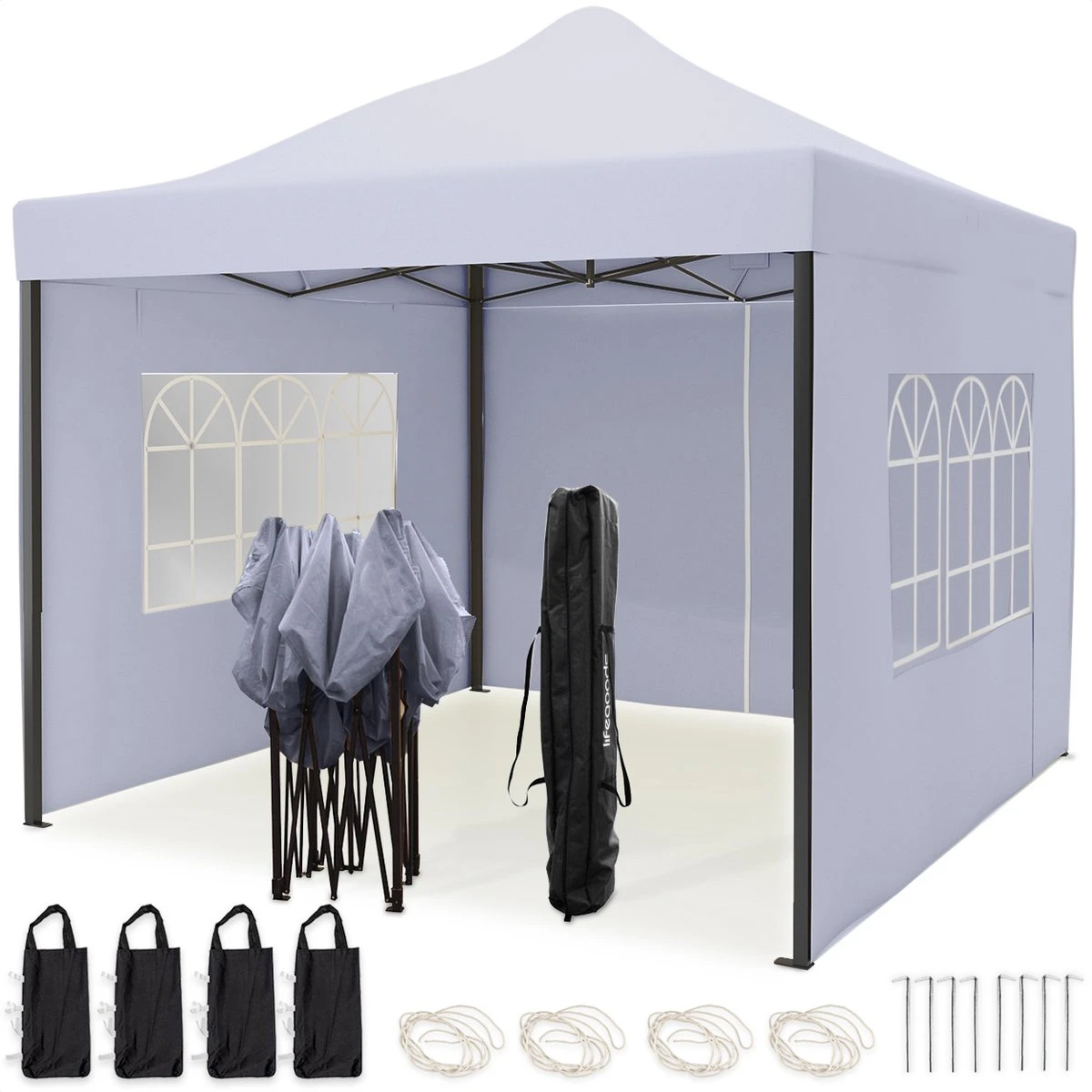 LifeGoods Partytent - 3x3 M - Zijwanden - Easy Up - Opvouwbaar - Waterdicht - Draagtas Met Wieltjes - Donkergrijs