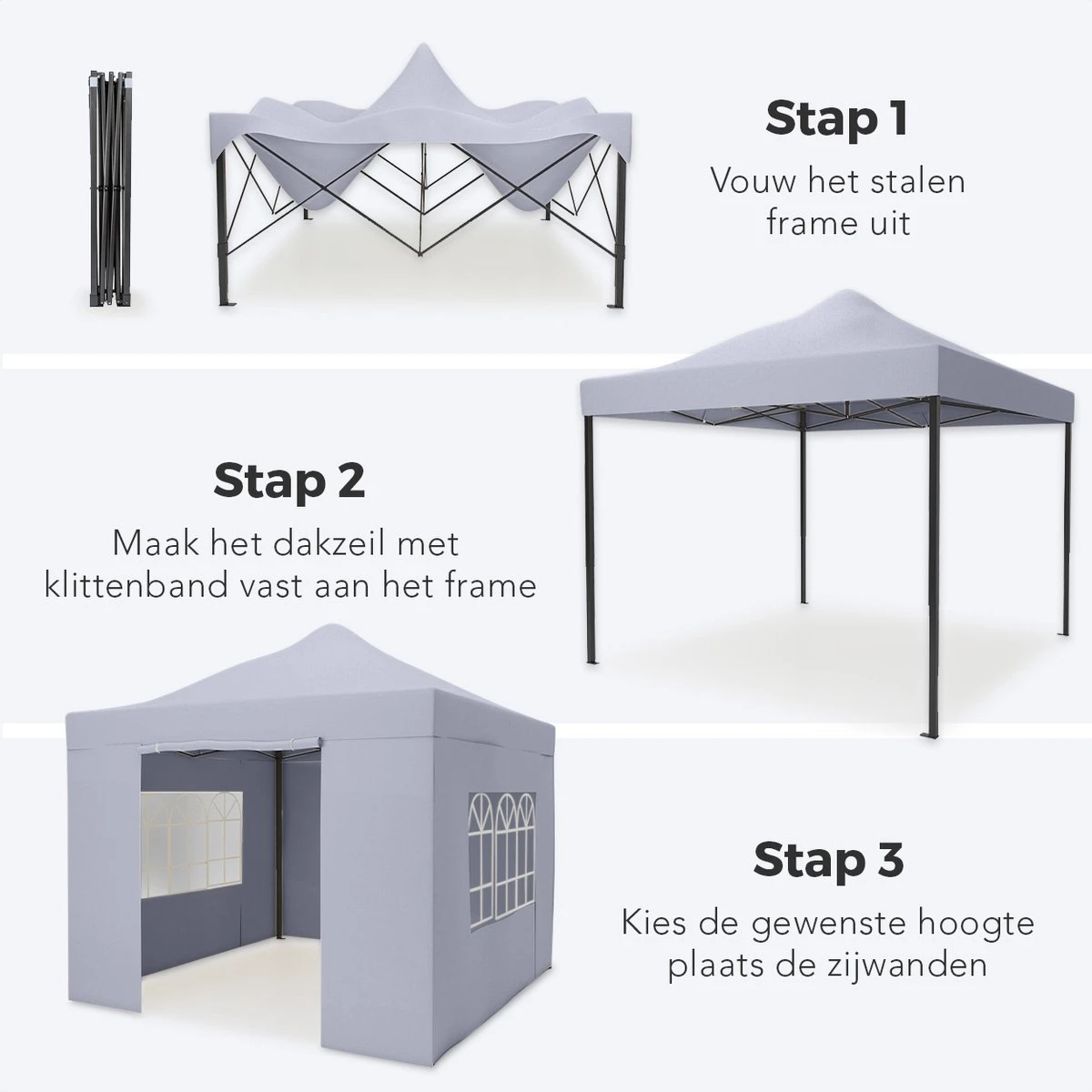 LifeGoods Partytent - 3x3 M - Zijwanden - Easy Up - Opvouwbaar - Waterdicht - Draagtas Met Wieltjes - Donkergrijs - Afbeelding 10