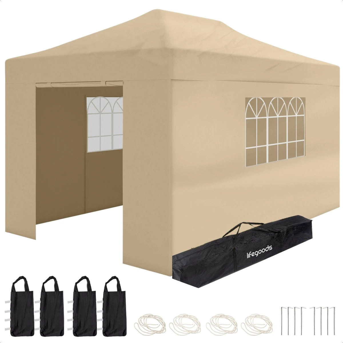 LifeGoods Partytent - 3x4.5 M - Zijwanden - Easy Up - Opvouwbaar - Waterdicht - Draagtas Met Wieltjes - Beige