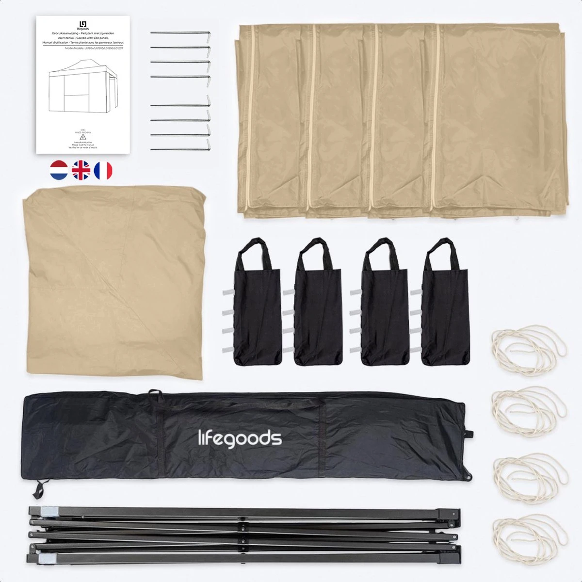 LifeGoods Partytent - 3x4.5 M - Zijwanden - Easy Up - Opvouwbaar - Waterdicht - Draagtas Met Wieltjes - Beige - Afbeelding 4