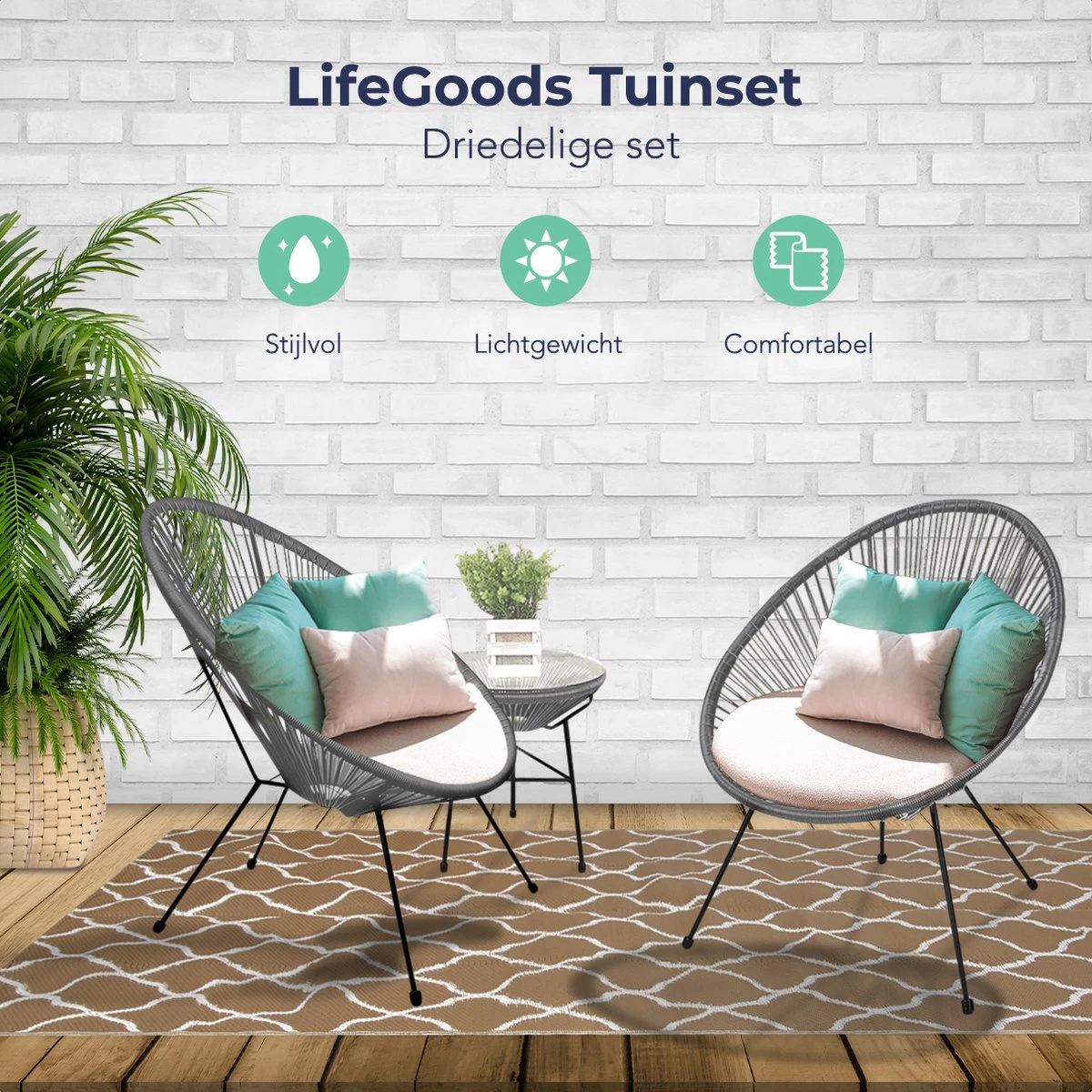 LifeGoods Acapulco Bistroset - 3-Delig - Tuinset Met Bijzettafel - Grijs - Afbeelding 2