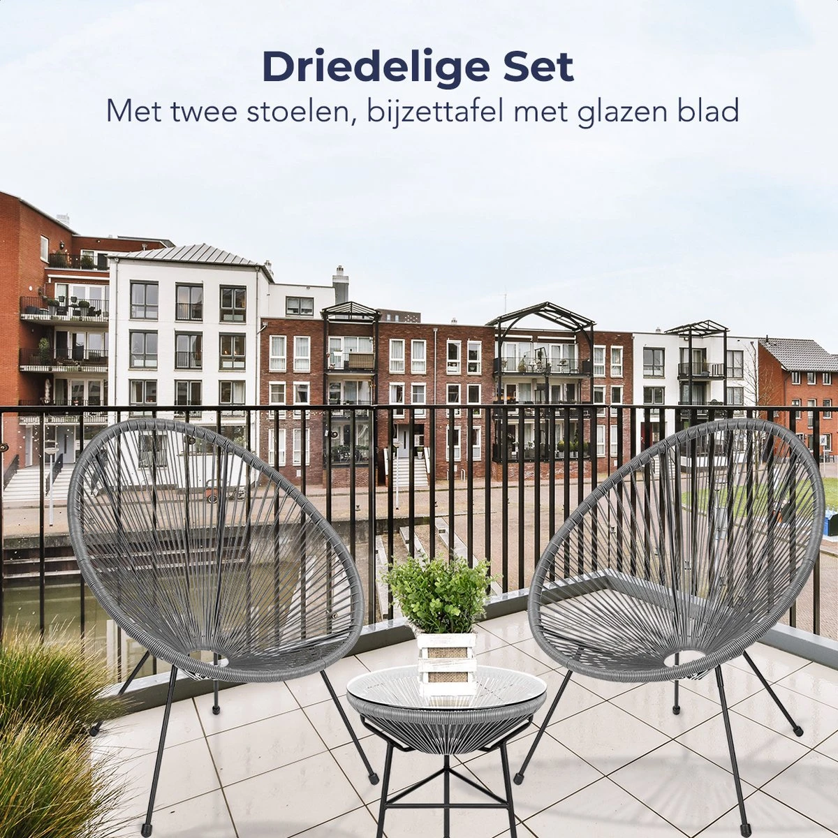 LifeGoods Acapulco Bistroset - 3-Delig - Tuinset Met Bijzettafel - Grijs - Afbeelding 3