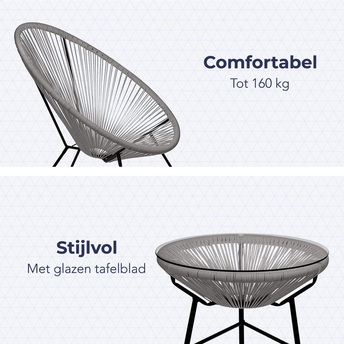 LifeGoods Acapulco Bistroset - 3-Delig - Tuinset Met Bijzettafel - Grijs - Afbeelding 4