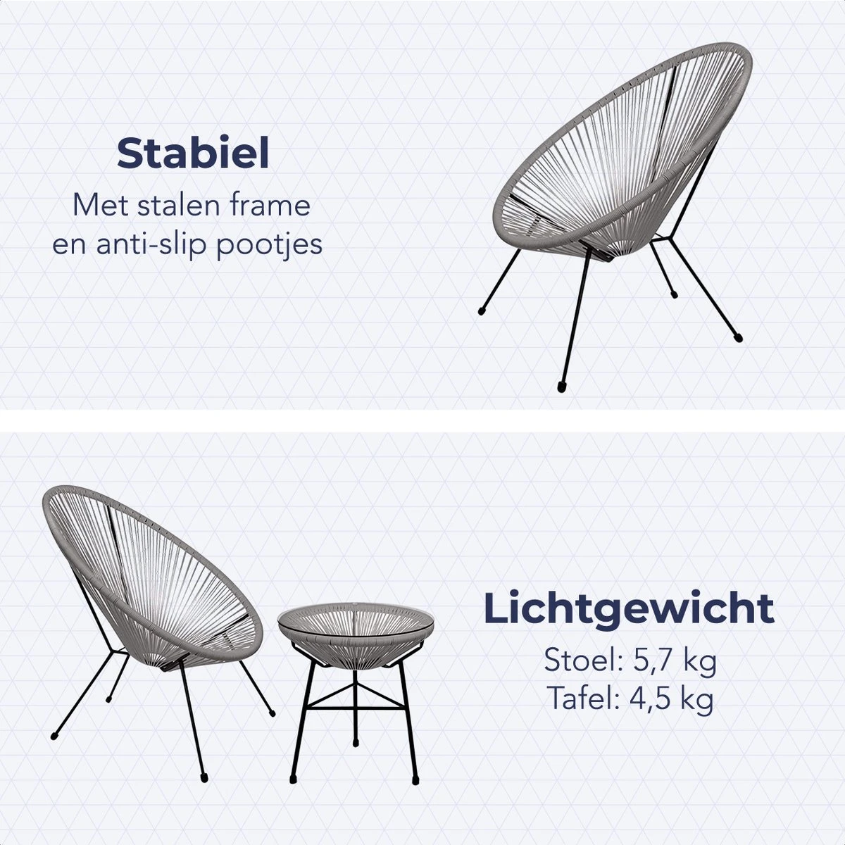 LifeGoods Acapulco Bistroset - 3-Delig - Tuinset Met Bijzettafel - Grijs - Afbeelding 5