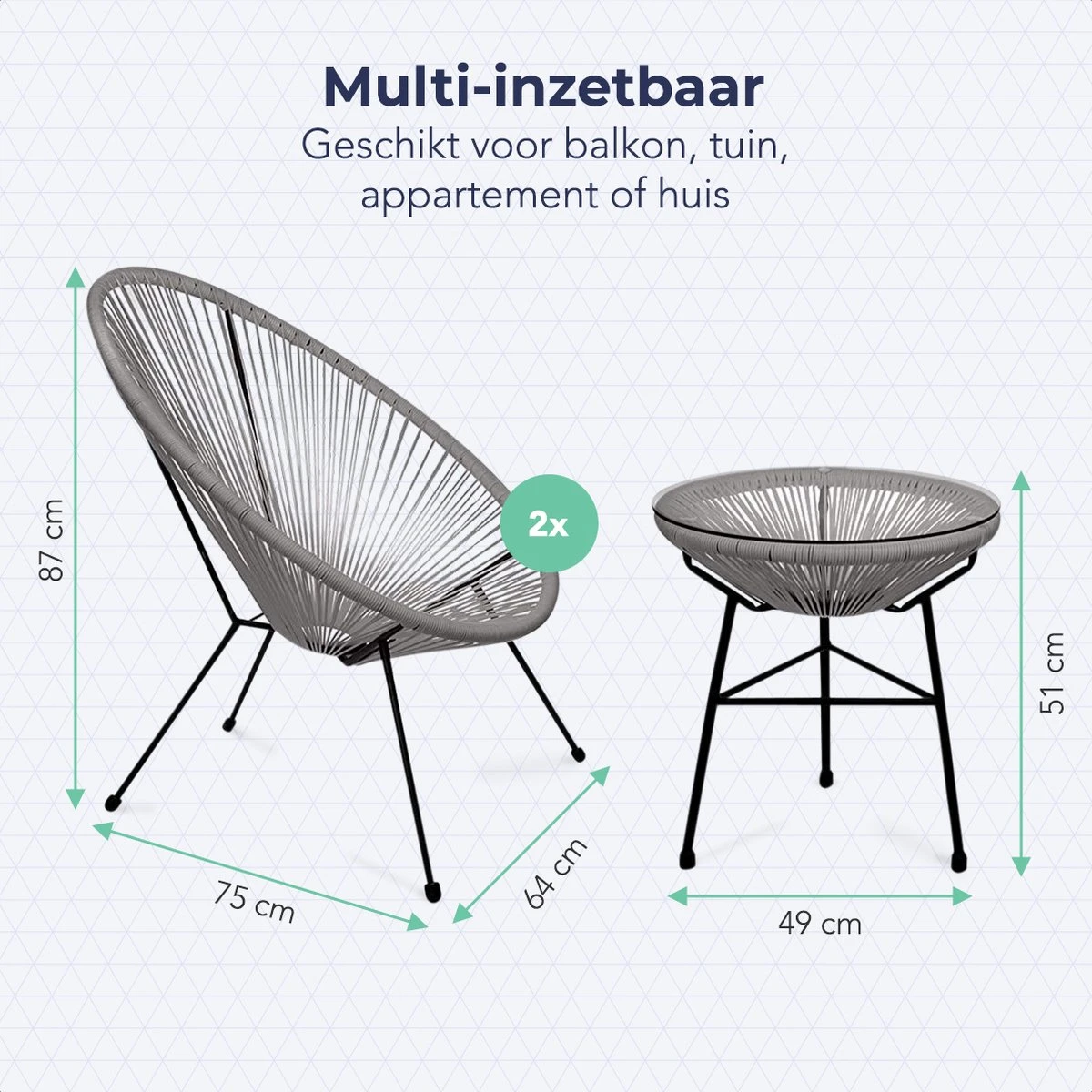 LifeGoods Acapulco Bistroset - 3-Delig - Tuinset Met Bijzettafel - Grijs - Afbeelding 7