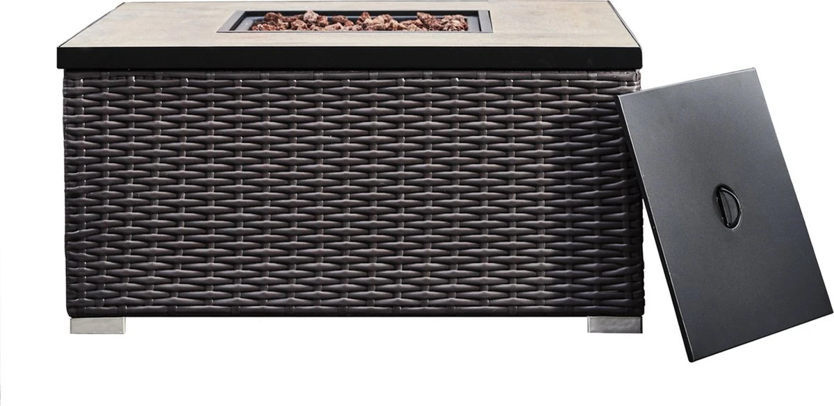 Teamson Home Vierkant Propaan Gas Vuurtafel - Vuurkorf Buiten - Geen Rook - Terrashaard - Rotan/Metaal - Met Windscherm, Lavastenen & Omslag - Afbeelding 8