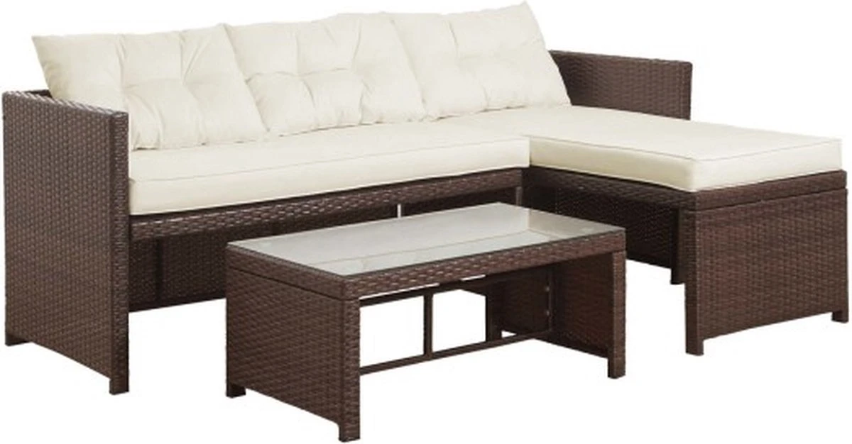 Teamson Home 3-Delig Hoek Loungeset - Tuinmeubelen - Tuinbank - Omvat Tafel En Kussens - Rotan - Bruin/Wit - Afbeelding 2