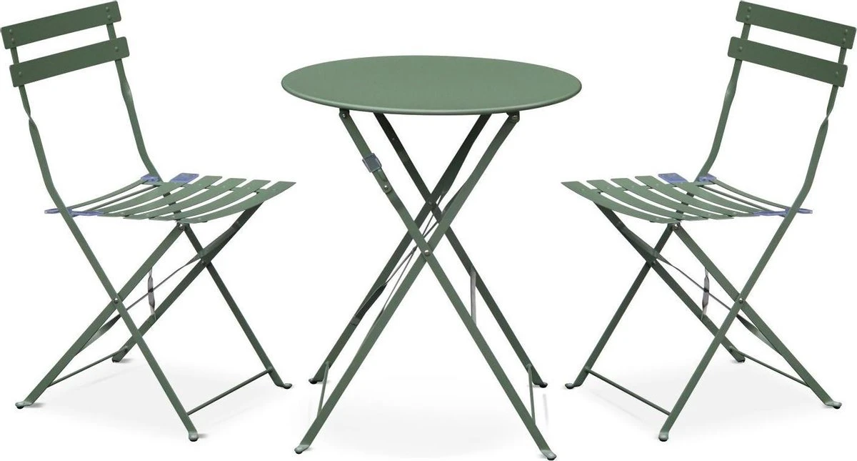 EMILIA Bistroset - 2 Inklapbare Stoelen En Een Ronde Tafel Van Gepoedercoat Staal Met Matte Afwerking – Groengrijs