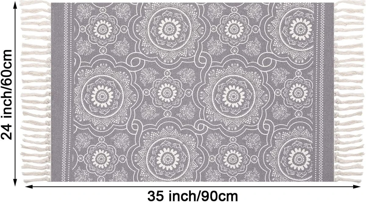 SHACOS Katoenen Tapijt, Loper Voor Keuken, Hal, Handgeweven Boho Karpet, Wasbare Bedrukte Karpetten Voor Binnen Met Kwastjes, Vintage Loper Voor Woonkamer, Slaapkamer, Wasruimte (grijs, 60x90 Cm) - Afbeelding 4