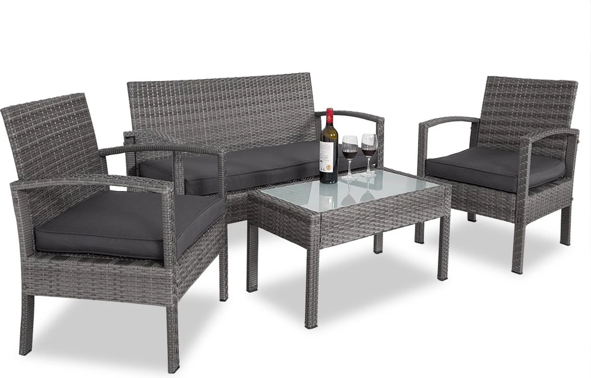 Casaria Polyrattan Loungeset – 2 Stoelen 1 Bank 1 Tafel - Antraciet - Afbeelding 5