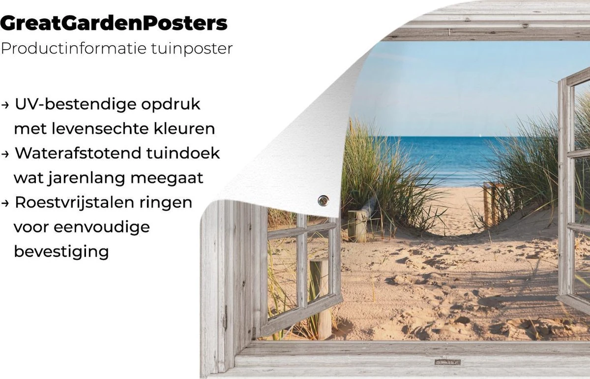 Tuinposter Doorkijk Door Openslaand Wit Raam - Hollandse Duinen - Strand - Zee - 120x90 Cm - Tuindoek - Tuinposter - Tuin Decoratie - Tuinposters Buiten - Afbeelding 6