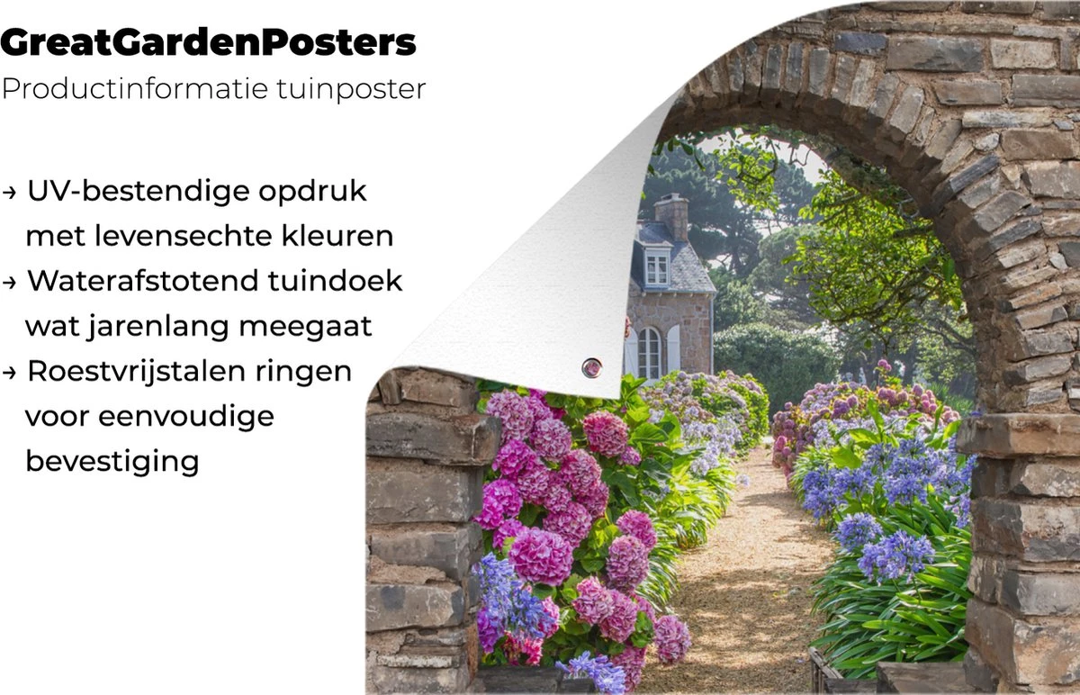 Tuinposter - Doorkijk - Hortensia - Bloemen - Huis - Tuin - 60x80 Cm - Schuttingdecoratie - Tuindoek - Afbeelding 5
