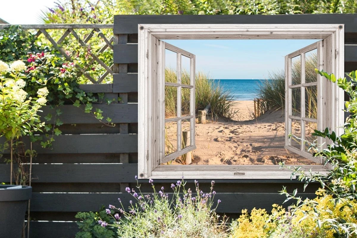 Tuinposter Doorkijk Door Openslaand Wit Raam - Hollandse Duinen - Strand - Zee - 120x90 Cm - Tuindoek - Tuinposter - Tuin Decoratie - Tuinposters Buiten - Afbeelding 2