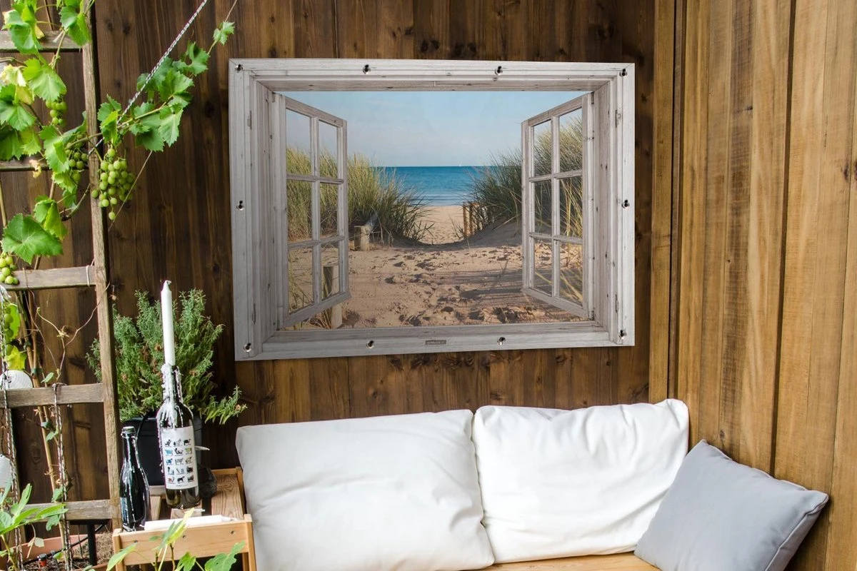 Tuinposter Doorkijk Door Openslaand Wit Raam - Hollandse Duinen - Strand - Zee - 120x90 Cm - Tuindoek - Tuinposter - Tuin Decoratie - Tuinposters Buiten - Afbeelding 3