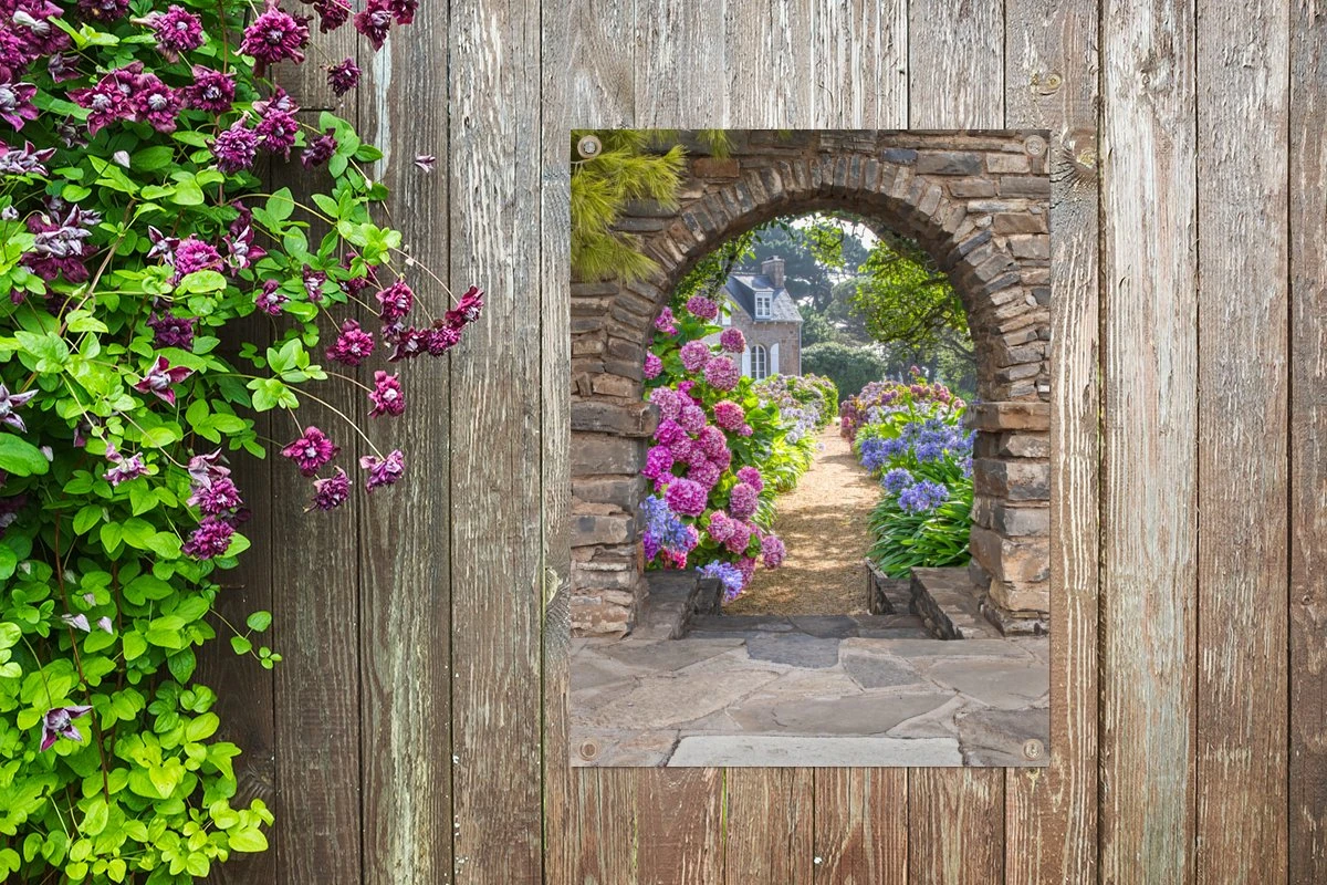 Tuinposter - Doorkijk - Hortensia - Bloemen - Huis - Tuin - 60x80 Cm - Schuttingdecoratie - Tuindoek - Afbeelding 7