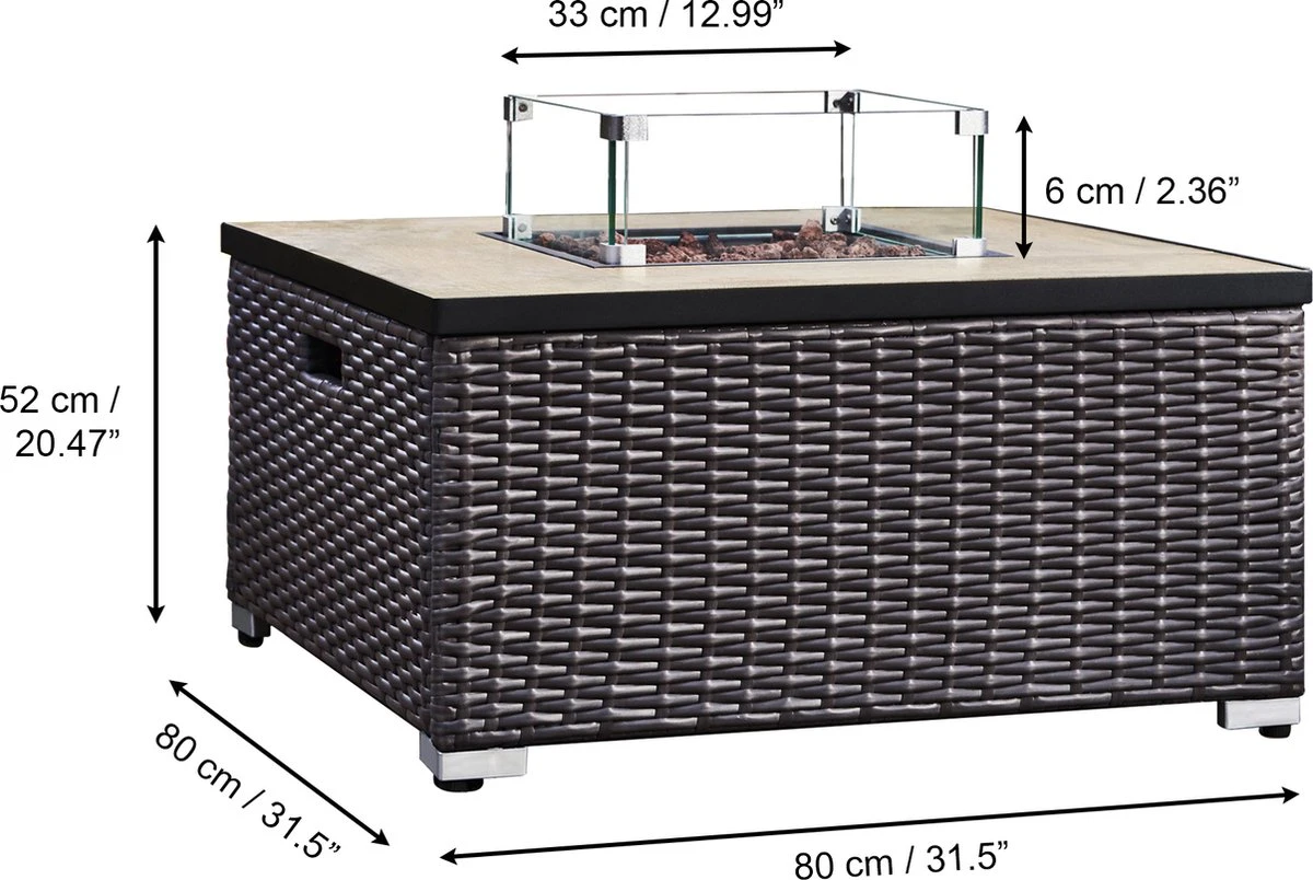 Teamson Home Vierkant Propaan Gas Vuurtafel - Vuurkorf Buiten - Geen Rook - Terrashaard - Rotan/Metaal - Met Windscherm, Lavastenen & Omslag - Afbeelding 4