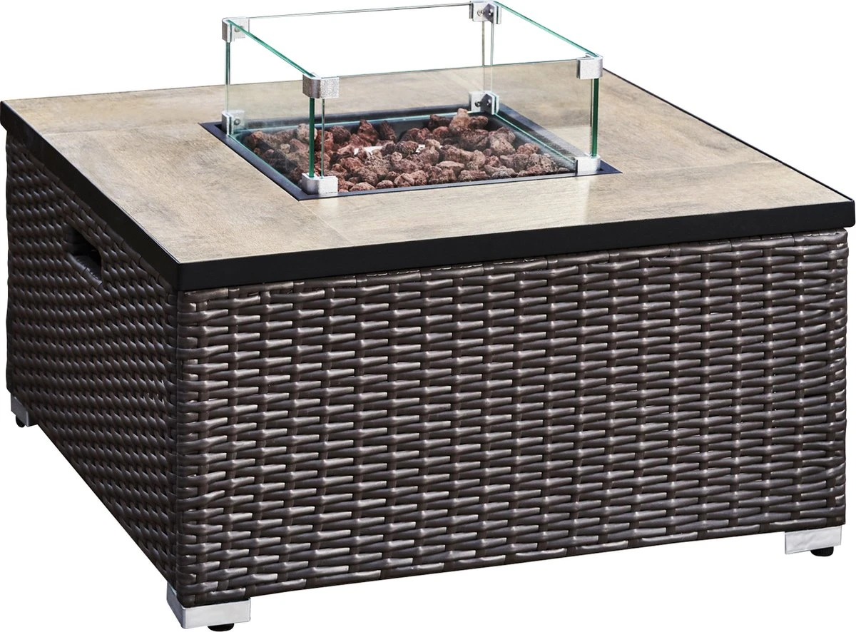 Teamson Home Vierkant Propaan Gas Vuurtafel - Vuurkorf Buiten - Geen Rook - Terrashaard - Rotan/Metaal - Met Windscherm, Lavastenen & Omslag - Afbeelding 5