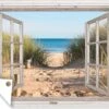 Tuinposter Doorkijk Door Openslaand Wit Raam - Hollandse Duinen - Strand - Zee - 120x90 Cm - Tuindoek - Tuinposter - Tuin Decoratie - Tuinposters Buiten