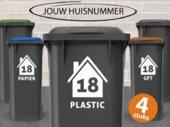 Container Stickers - Voordeelset 4 Stuks - 15x20 Cm - Sticker Voor Afvalcontainer - Klikosticker - Huisje Met Huisnummer En Tekst: Plastic, Papier, GFT En Restafval