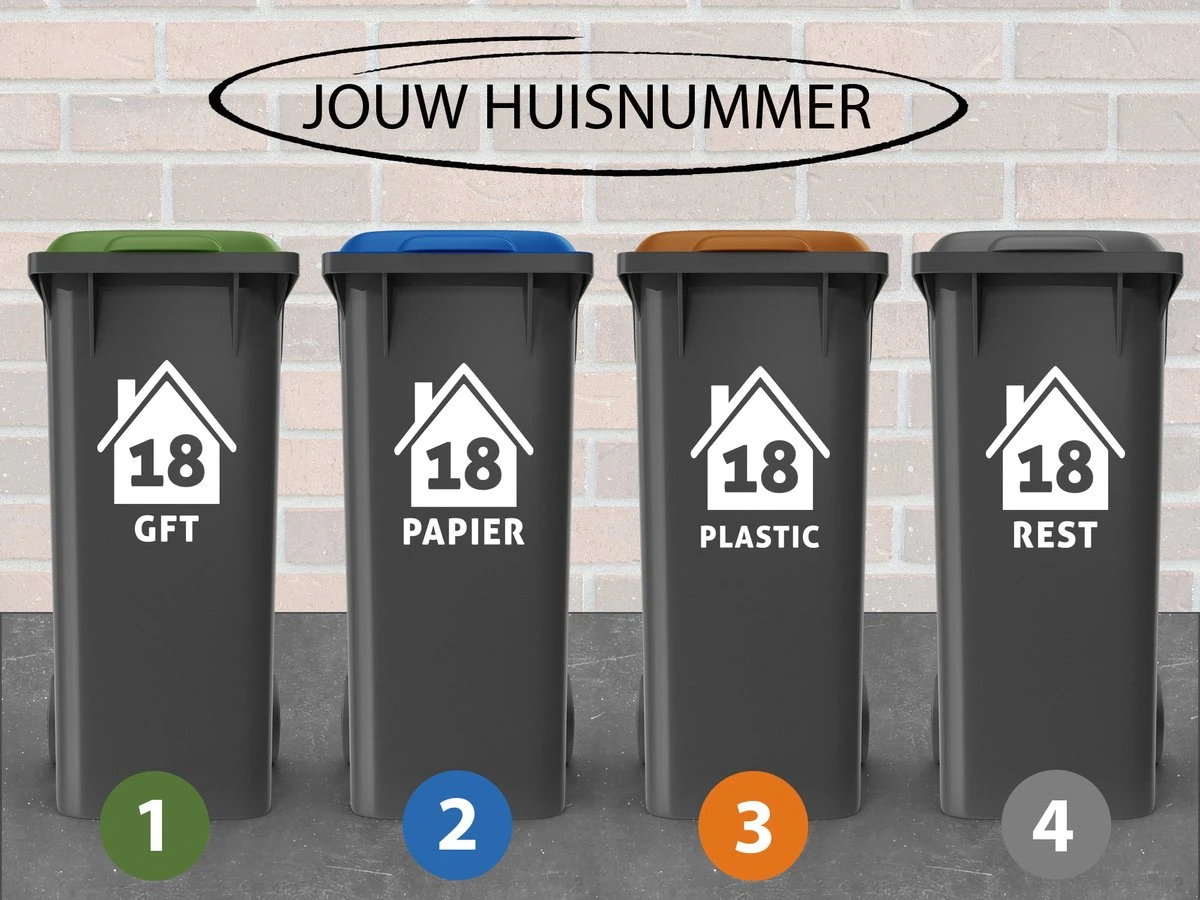Container Stickers - Voordeelset 4 Stuks - 15x20 Cm - Sticker Voor Afvalcontainer - Klikosticker - Huisje Met Huisnummer En Tekst: Plastic, Papier, GFT En Restafval - Afbeelding 2