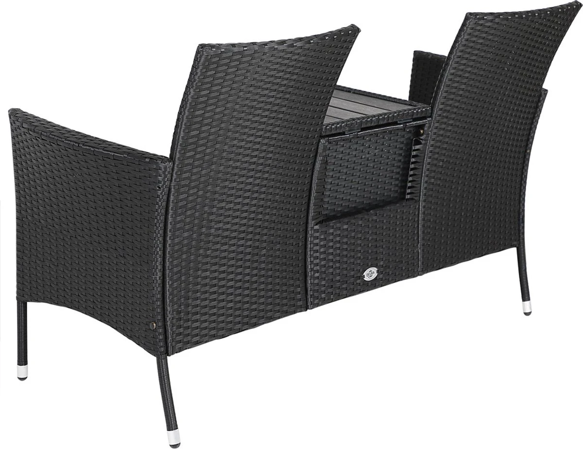 Casaria Tuinbank Polyrattan – 2 Zitter Incl. Tafel & Kussens – Zwart - Afbeelding 4