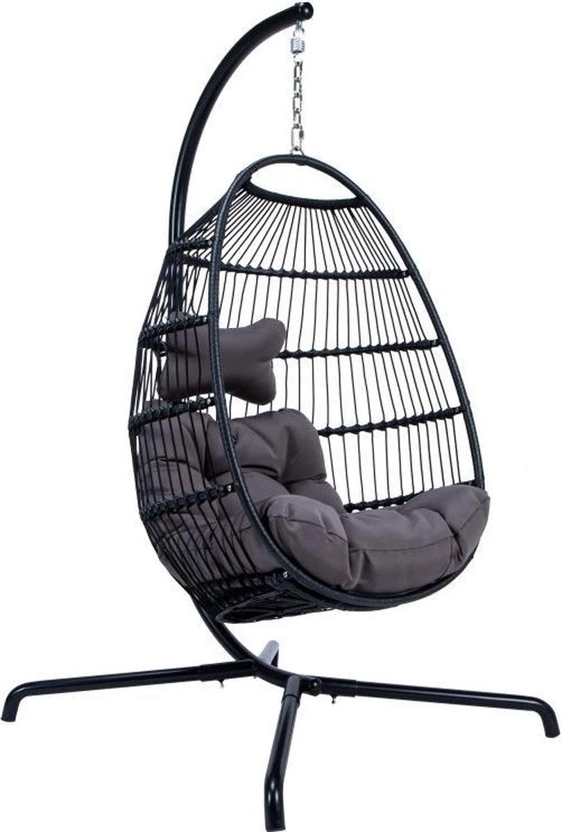 Merkloos Hangstoel Norway - Zwart Wicker & Touw Luxe Egg Hangstoel Met Dikke Antraciete Kussens Met Frame - Inklapbare Basket
