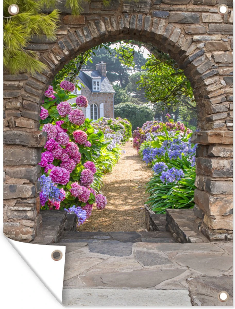 Tuinposter - Doorkijk - Hortensia - Bloemen - Huis - Tuin - 60x80 Cm - Schuttingdecoratie - Tuindoek